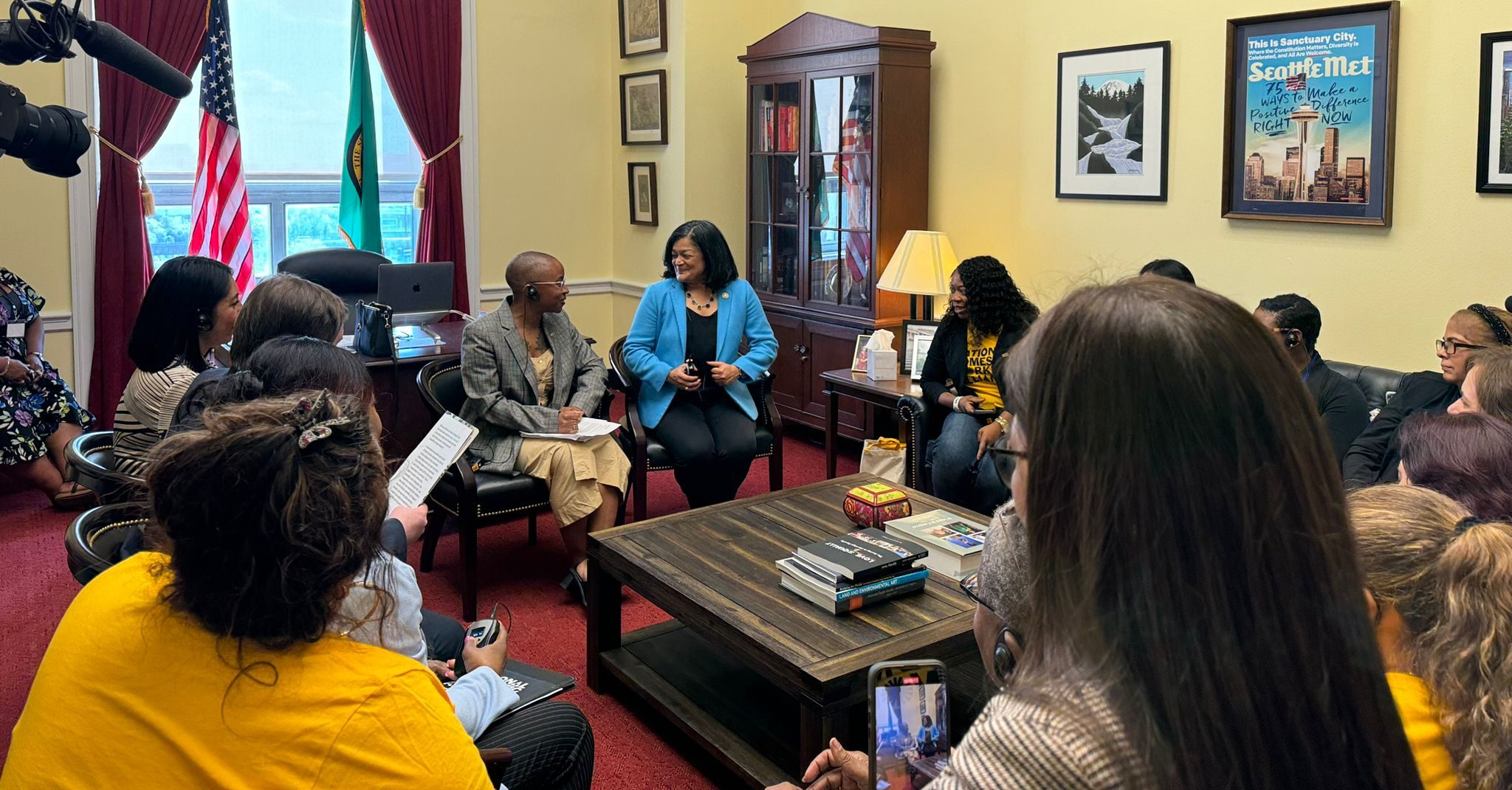 WASHINGTON, DC – APRIL 10: U.S. Representative Pramila Jayapal (WA-7) holds a panel with domestic workers on April 10, 2024 in Washington, DC.